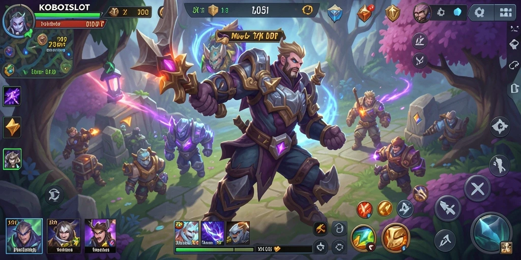 Screenshot gameplay MOBA KOBOISLOT yang menunjukkan pertarungan tim yang seru.