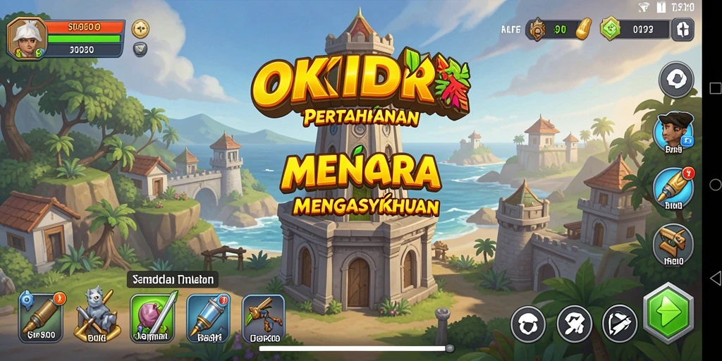Screenshot gameplay OKIDR yang menunjukkan strategi menara pertahanan.