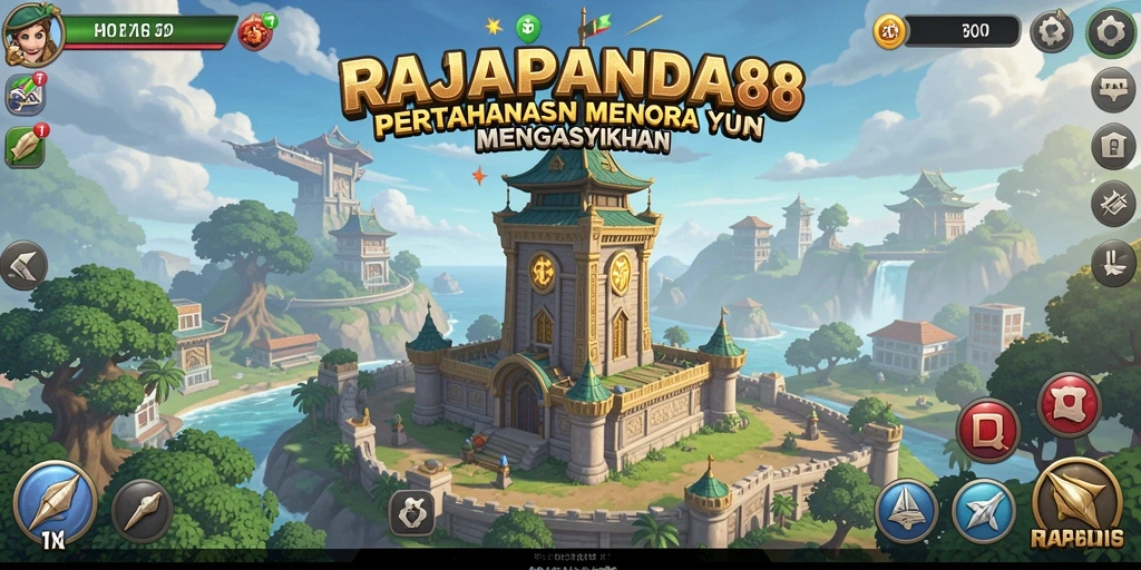 Screenshot utama RAJAPANDA88 menampilkan aksi pertahanan menara yang menegangkan.