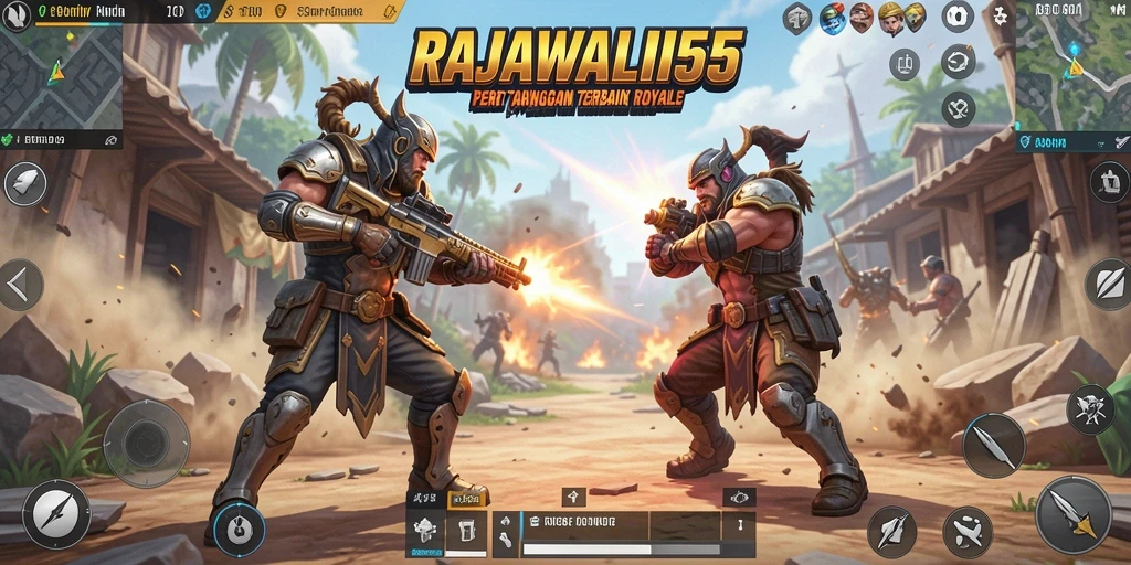 Tangkapan layar gameplay RAJAWALI55 menampilkan pertarungan seru di Battle Royale.