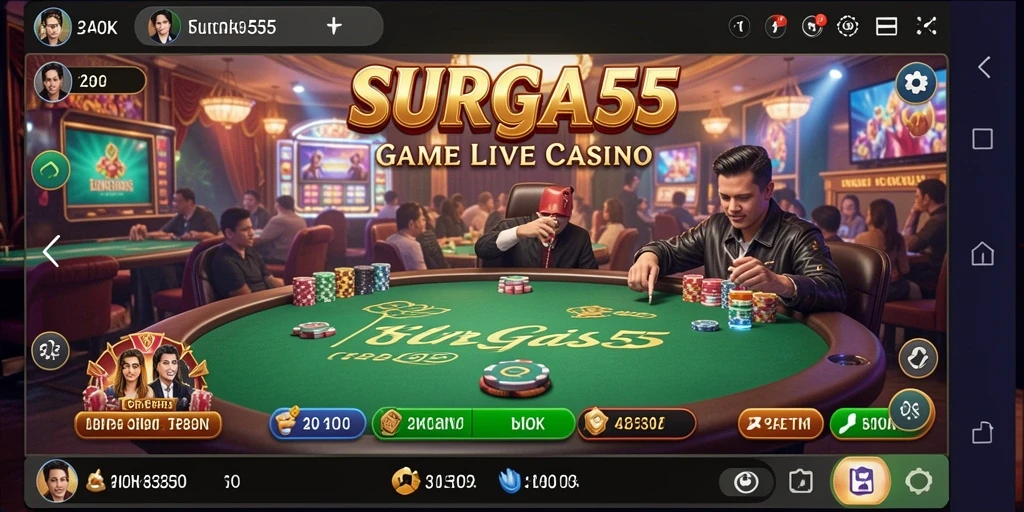 Screenshot gameplay SURGA55 menampilkan dealer profesional dan suasana kasino yang hidup.